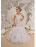 White Lace Organza Corset Back Long Flower Girl Dress